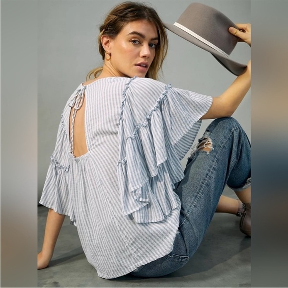 Anthropologie Pilcro Sybil Striped Ruffle Sleeve Top - Picture 2 of 14